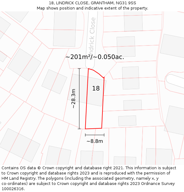 18, LINDRICK CLOSE, GRANTHAM, NG31 9SS: Plot and title map