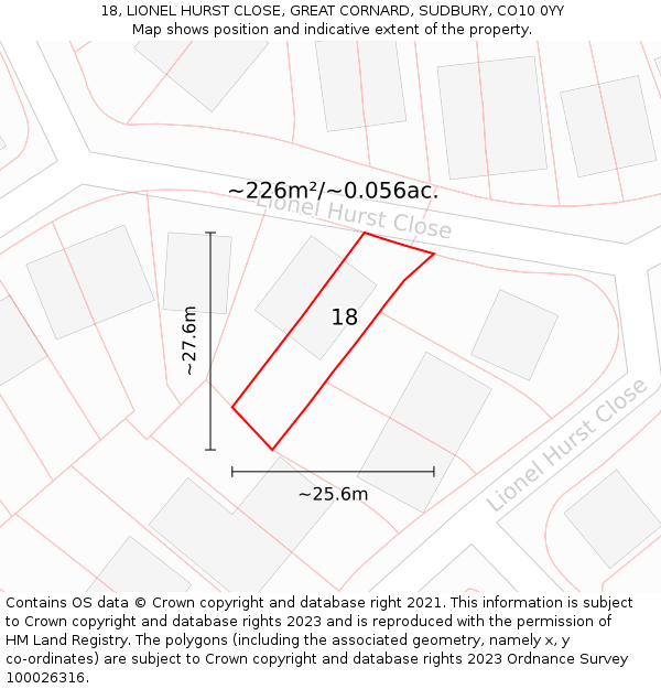 18, LIONEL HURST CLOSE, GREAT CORNARD, SUDBURY, CO10 0YY: Plot and title map