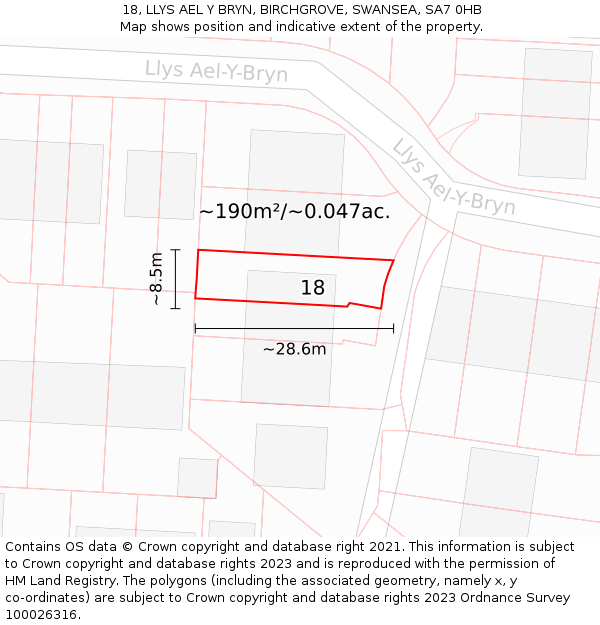 18, LLYS AEL Y BRYN, BIRCHGROVE, SWANSEA, SA7 0HB: Plot and title map