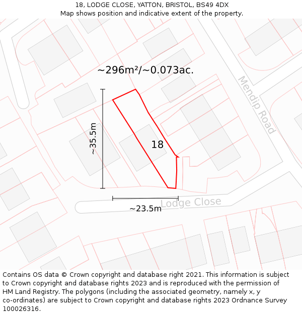18, LODGE CLOSE, YATTON, BRISTOL, BS49 4DX: Plot and title map