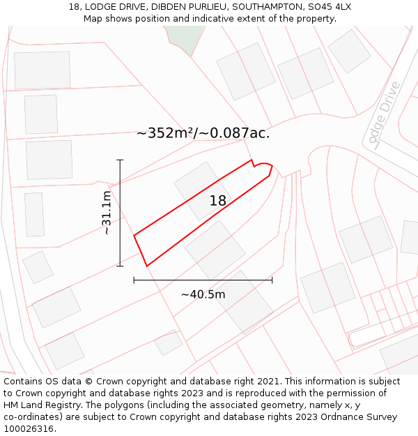 18, LODGE DRIVE, DIBDEN PURLIEU, SOUTHAMPTON, SO45 4LX: Plot and title map
