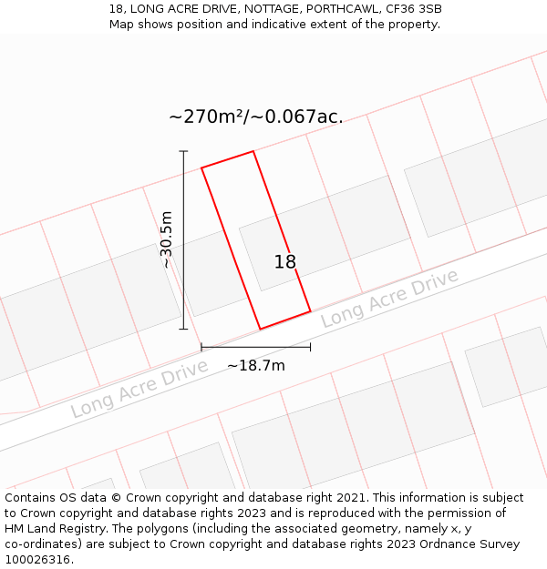 18, LONG ACRE DRIVE, NOTTAGE, PORTHCAWL, CF36 3SB: Plot and title map