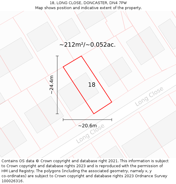 18, LONG CLOSE, DONCASTER, DN4 7PW: Plot and title map