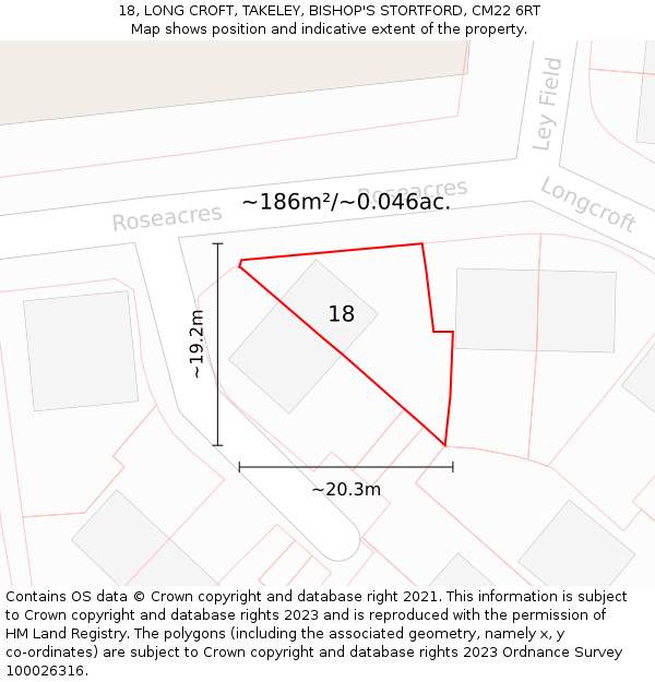 18, LONG CROFT, TAKELEY, BISHOP'S STORTFORD, CM22 6RT: Plot and title map