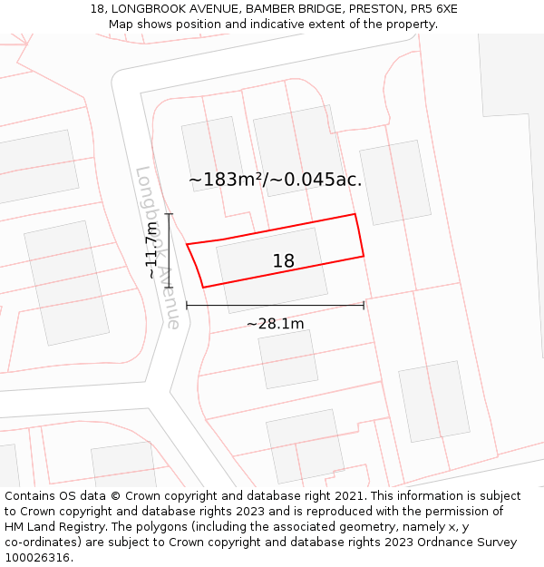 18, LONGBROOK AVENUE, BAMBER BRIDGE, PRESTON, PR5 6XE: Plot and title map