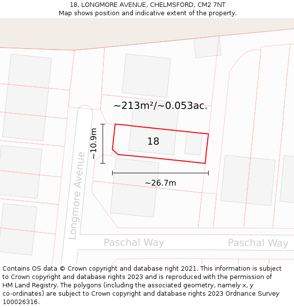 18, LONGMORE AVENUE, CHELMSFORD, CM2 7NT: Plot and title map