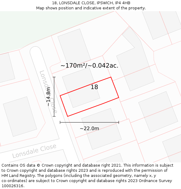 18, LONSDALE CLOSE, IPSWICH, IP4 4HB: Plot and title map