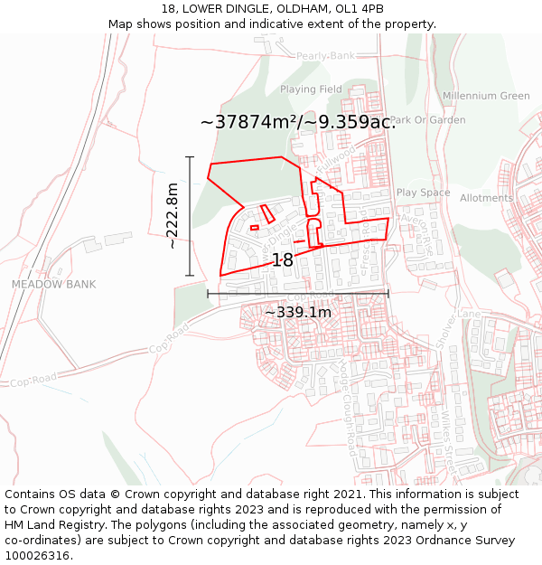 18, LOWER DINGLE, OLDHAM, OL1 4PB: Plot and title map