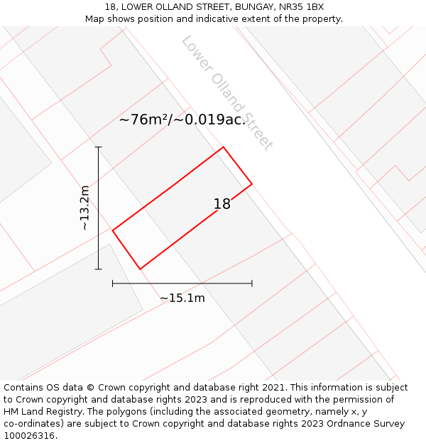 18, LOWER OLLAND STREET, BUNGAY, NR35 1BX: Plot and title map