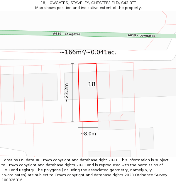 18, LOWGATES, STAVELEY, CHESTERFIELD, S43 3TT: Plot and title map