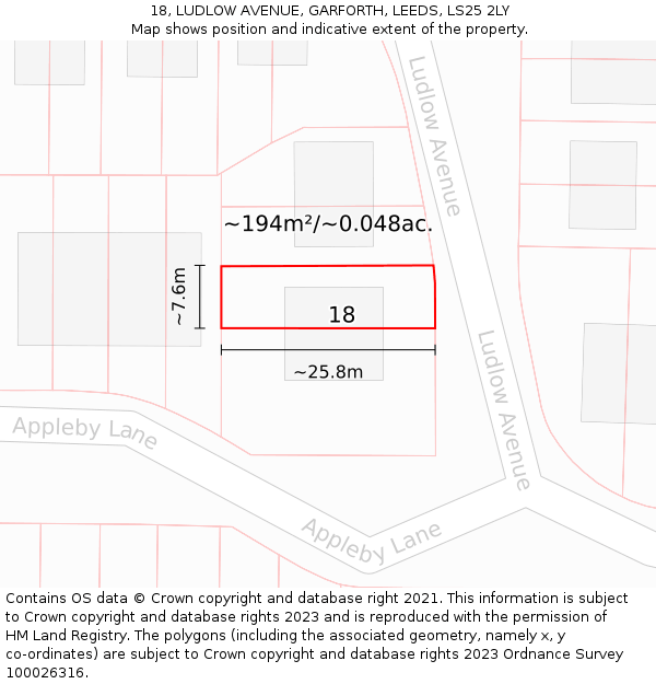 18, LUDLOW AVENUE, GARFORTH, LEEDS, LS25 2LY: Plot and title map