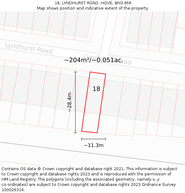 18, LYNDHURST ROAD, HOVE, BN3 6FA: Plot and title map