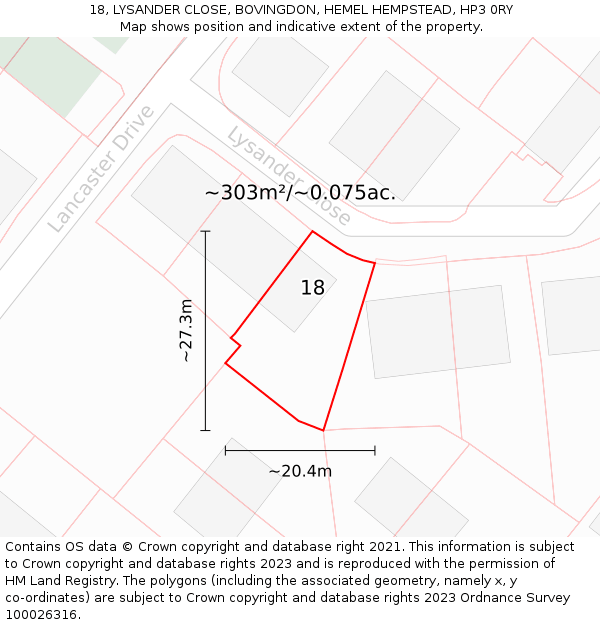 18, LYSANDER CLOSE, BOVINGDON, HEMEL HEMPSTEAD, HP3 0RY: Plot and title map
