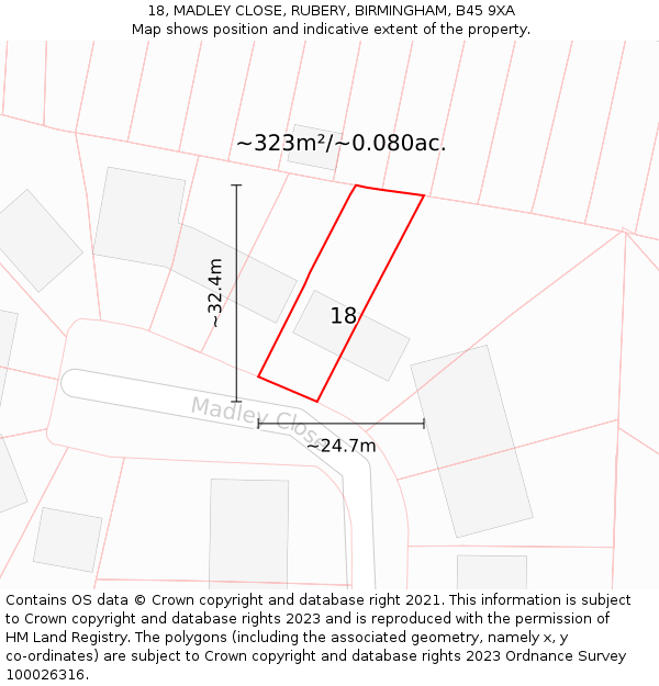 18, MADLEY CLOSE, RUBERY, BIRMINGHAM, B45 9XA: Plot and title map