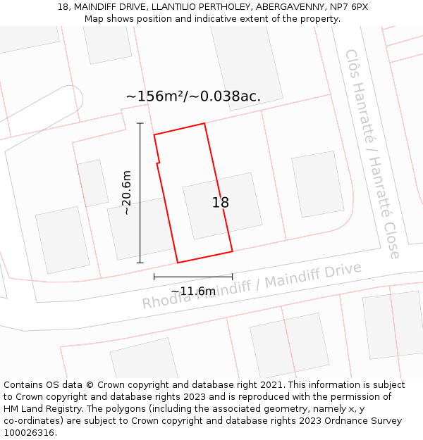 18, MAINDIFF DRIVE, LLANTILIO PERTHOLEY, ABERGAVENNY, NP7 6PX: Plot and title map