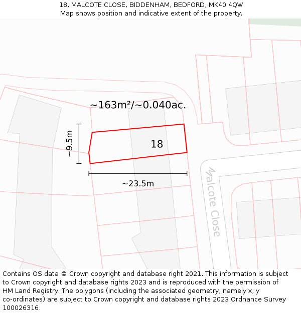 18, MALCOTE CLOSE, BIDDENHAM, BEDFORD, MK40 4QW: Plot and title map