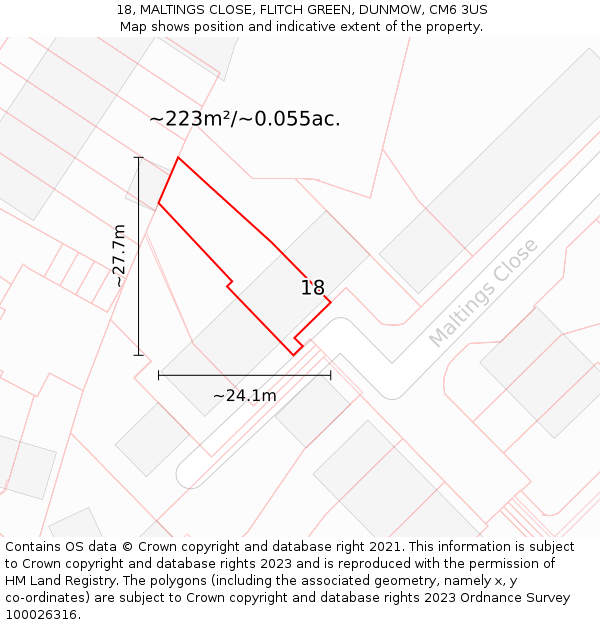 18, MALTINGS CLOSE, FLITCH GREEN, DUNMOW, CM6 3US: Plot and title map