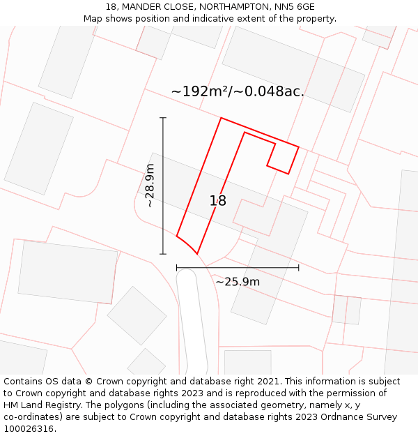 18, MANDER CLOSE, NORTHAMPTON, NN5 6GE: Plot and title map