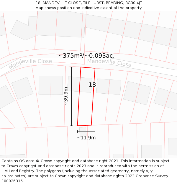 18, MANDEVILLE CLOSE, TILEHURST, READING, RG30 4JT: Plot and title map