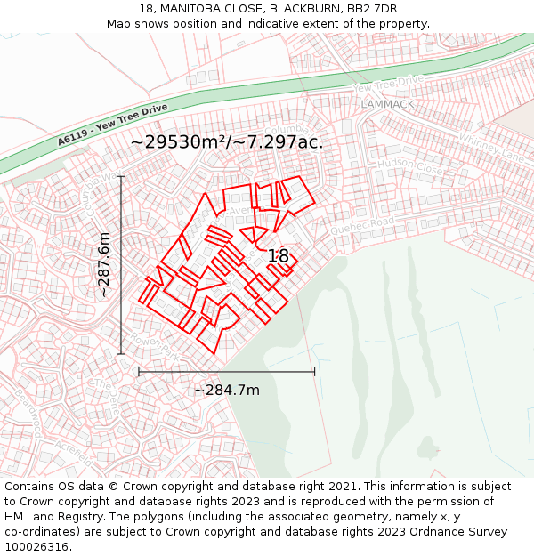18, MANITOBA CLOSE, BLACKBURN, BB2 7DR: Plot and title map