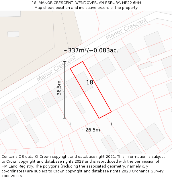 18, MANOR CRESCENT, WENDOVER, AYLESBURY, HP22 6HH: Plot and title map