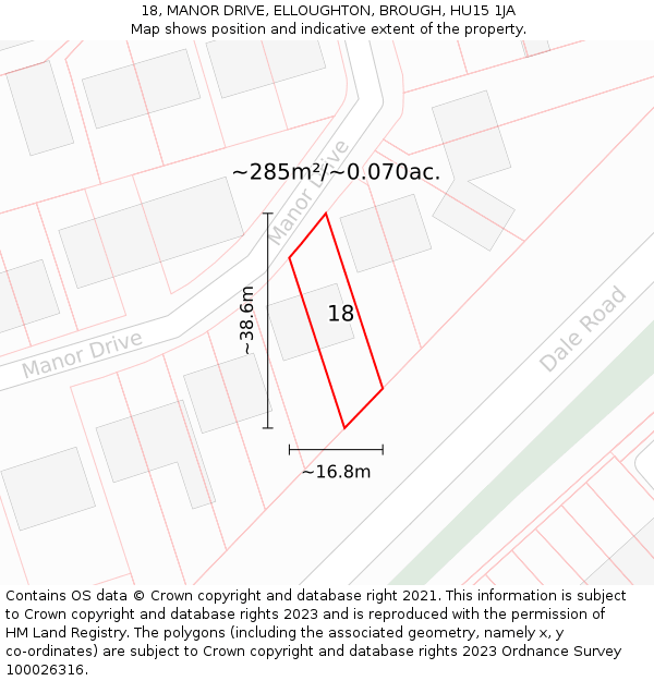 18, MANOR DRIVE, ELLOUGHTON, BROUGH, HU15 1JA: Plot and title map