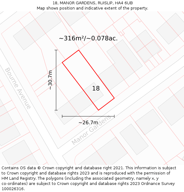 18, MANOR GARDENS, RUISLIP, HA4 6UB: Plot and title map