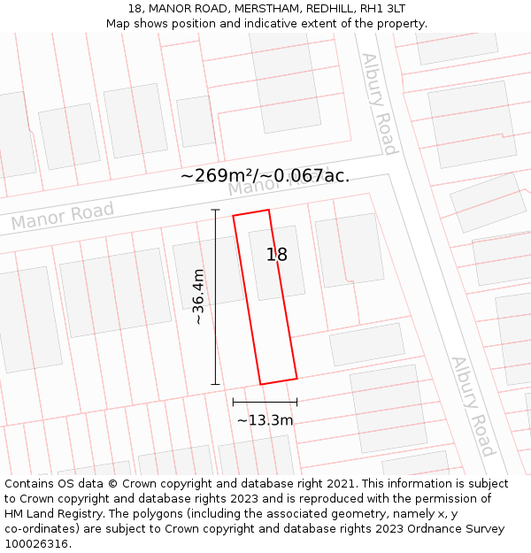 18, MANOR ROAD, MERSTHAM, REDHILL, RH1 3LT: Plot and title map