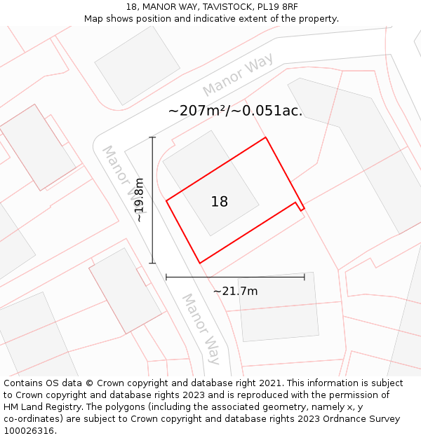 18, MANOR WAY, TAVISTOCK, PL19 8RF: Plot and title map