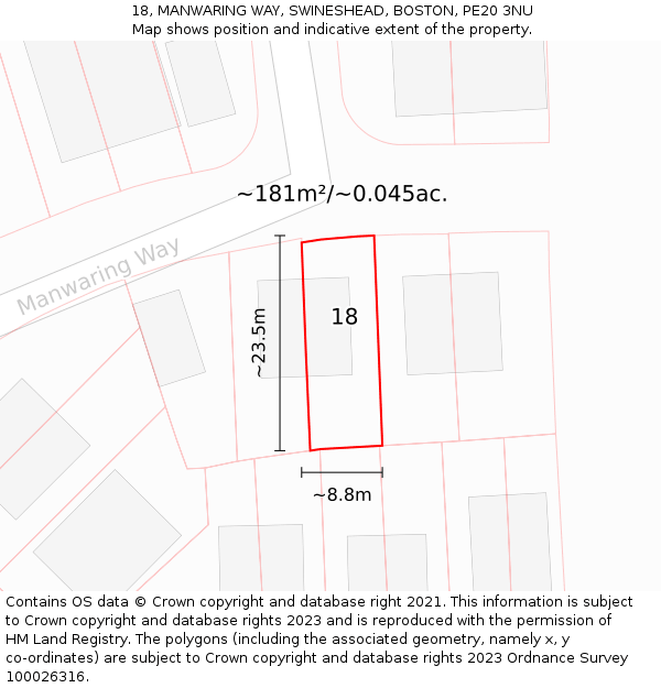 18, MANWARING WAY, SWINESHEAD, BOSTON, PE20 3NU: Plot and title map