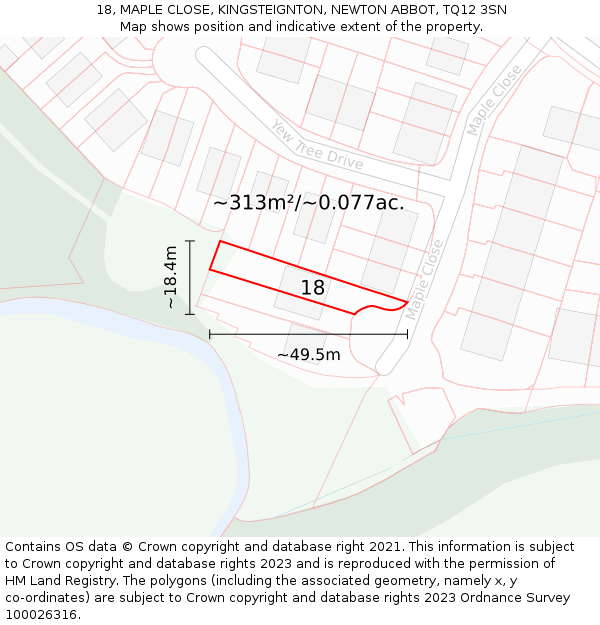 18, MAPLE CLOSE, KINGSTEIGNTON, NEWTON ABBOT, TQ12 3SN: Plot and title map