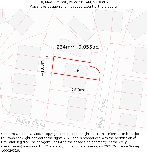 18, MAPLE CLOSE, WYMONDHAM, NR18 0HP: Plot and title map
