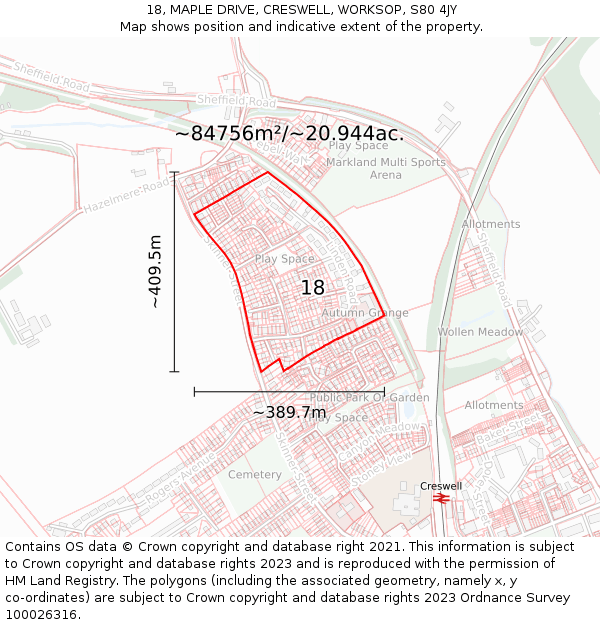 18, MAPLE DRIVE, CRESWELL, WORKSOP, S80 4JY: Plot and title map