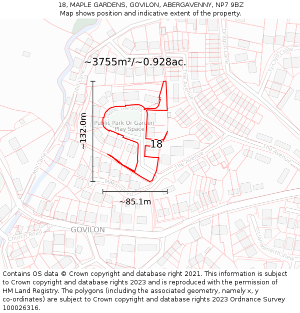 18, MAPLE GARDENS, GOVILON, ABERGAVENNY, NP7 9BZ: Plot and title map