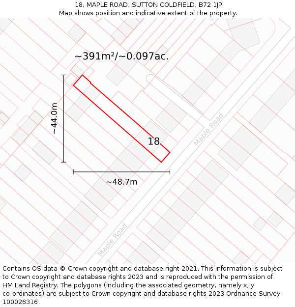 18, MAPLE ROAD, SUTTON COLDFIELD, B72 1JP: Plot and title map