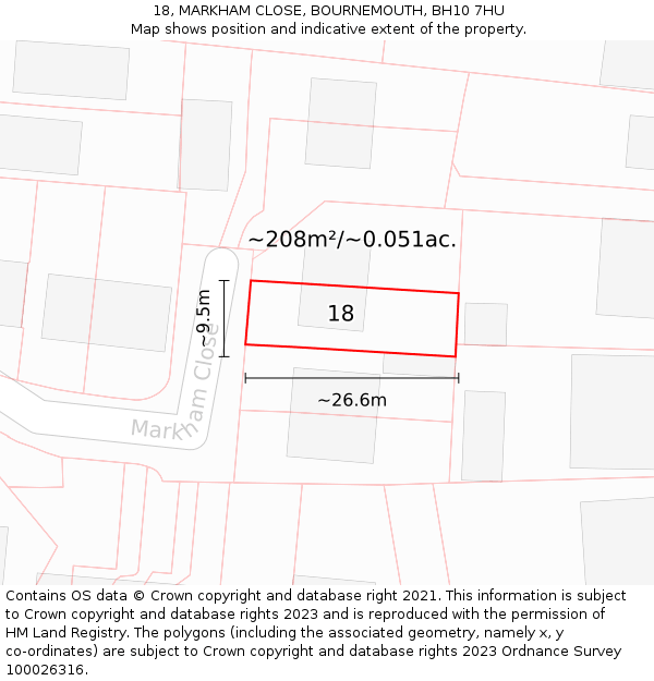 18, MARKHAM CLOSE, BOURNEMOUTH, BH10 7HU: Plot and title map