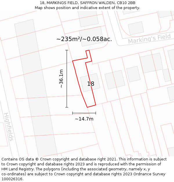 18, MARKINGS FIELD, SAFFRON WALDEN, CB10 2BB: Plot and title map