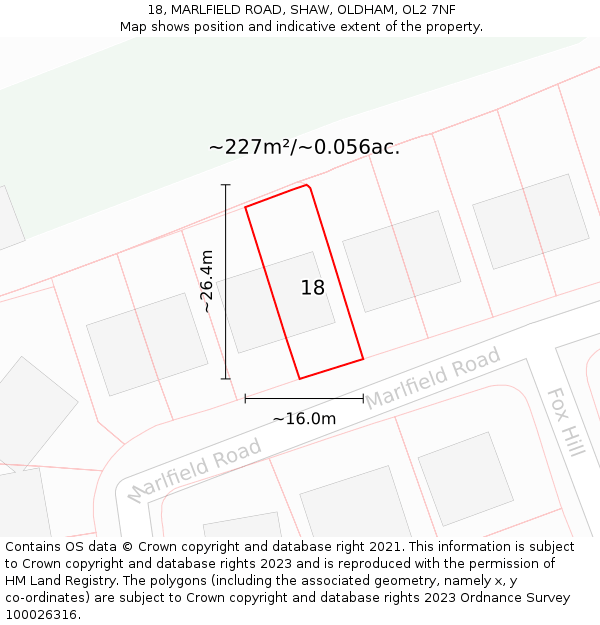 18, MARLFIELD ROAD, SHAW, OLDHAM, OL2 7NF: Plot and title map