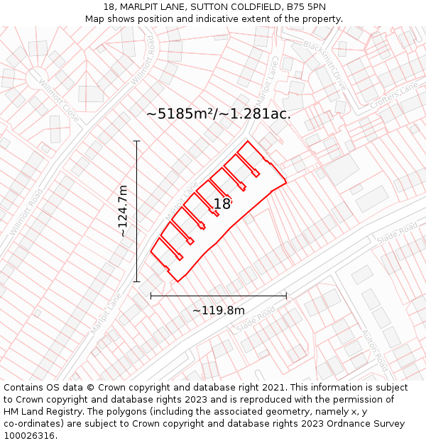 18, MARLPIT LANE, SUTTON COLDFIELD, B75 5PN: Plot and title map