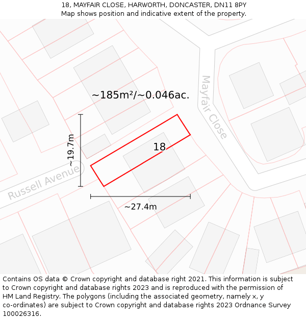 18, MAYFAIR CLOSE, HARWORTH, DONCASTER, DN11 8PY: Plot and title map