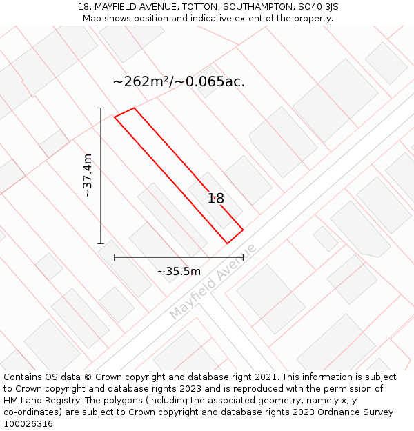 18, MAYFIELD AVENUE, TOTTON, SOUTHAMPTON, SO40 3JS: Plot and title map