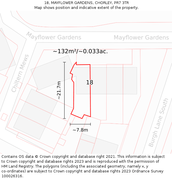 18, MAYFLOWER GARDENS, CHORLEY, PR7 3TR: Plot and title map