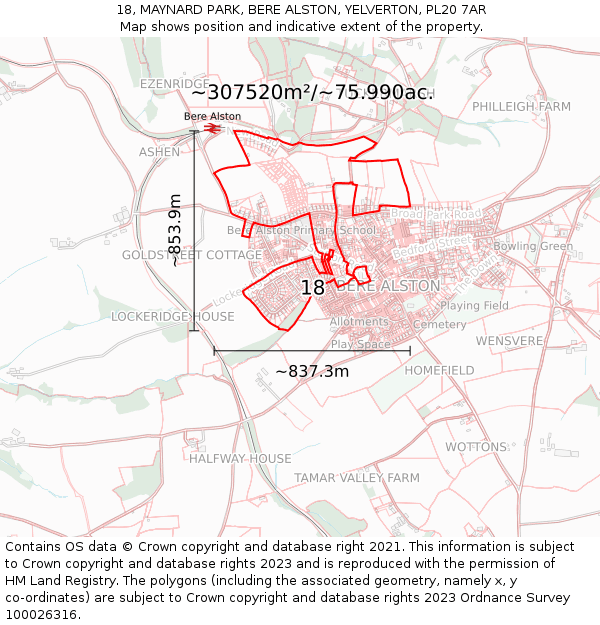 18, MAYNARD PARK, BERE ALSTON, YELVERTON, PL20 7AR: Plot and title map