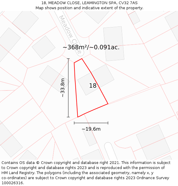 18, MEADOW CLOSE, LEAMINGTON SPA, CV32 7AS: Plot and title map