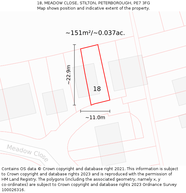 18, MEADOW CLOSE, STILTON, PETERBOROUGH, PE7 3FG: Plot and title map