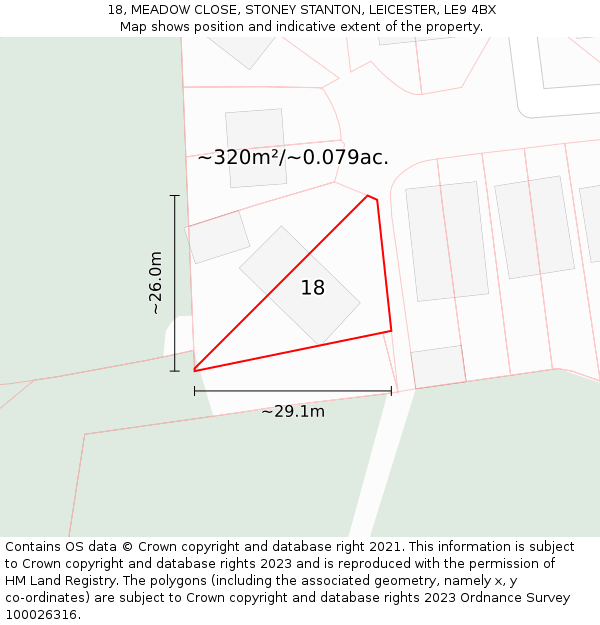 18, MEADOW CLOSE, STONEY STANTON, LEICESTER, LE9 4BX: Plot and title map