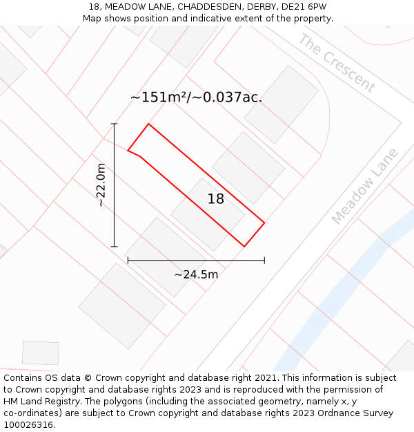18, MEADOW LANE, CHADDESDEN, DERBY, DE21 6PW: Plot and title map
