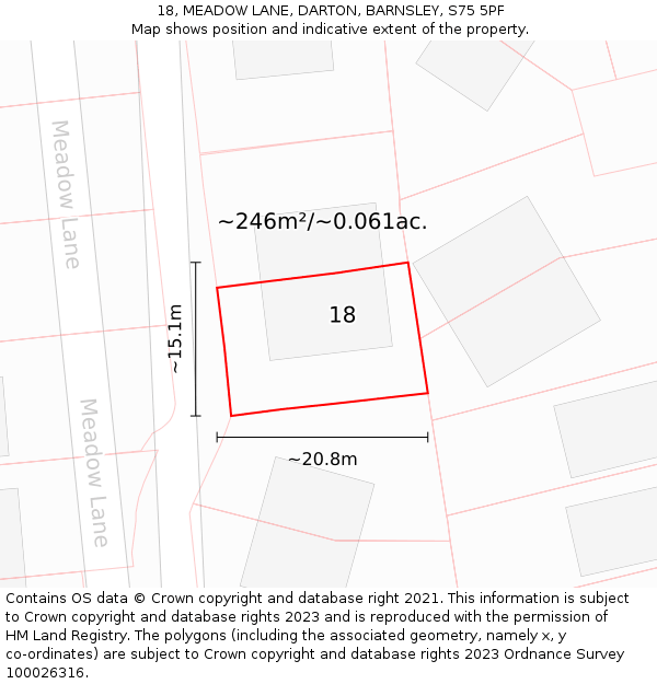 18, MEADOW LANE, DARTON, BARNSLEY, S75 5PF: Plot and title map