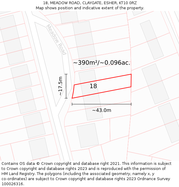 18, MEADOW ROAD, CLAYGATE, ESHER, KT10 0RZ: Plot and title map