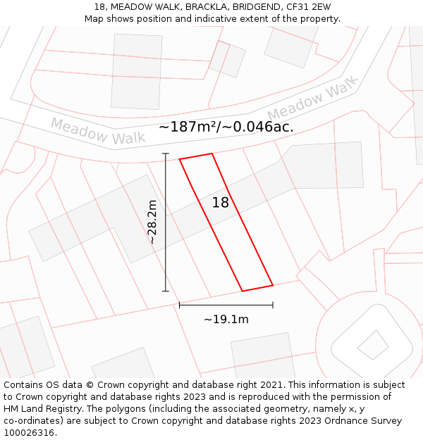 18, MEADOW WALK, BRACKLA, BRIDGEND, CF31 2EW: Plot and title map